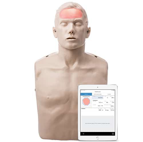 Brayden adult manikin with red lights which indicate that CPR being performed is adequate enough to facilitate effective blood flow around the patient.