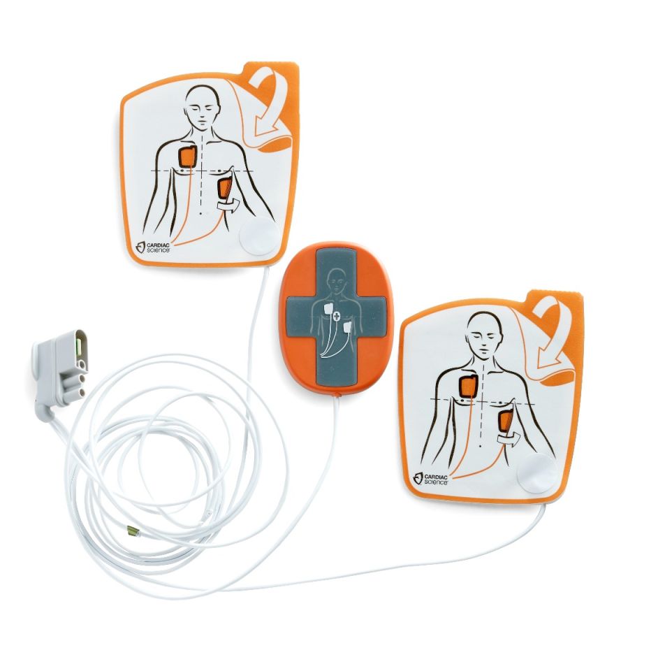 Adult electrode pads for Cardiac Science Powerheart G5 showing pad placement on adult patients with central CPR puck