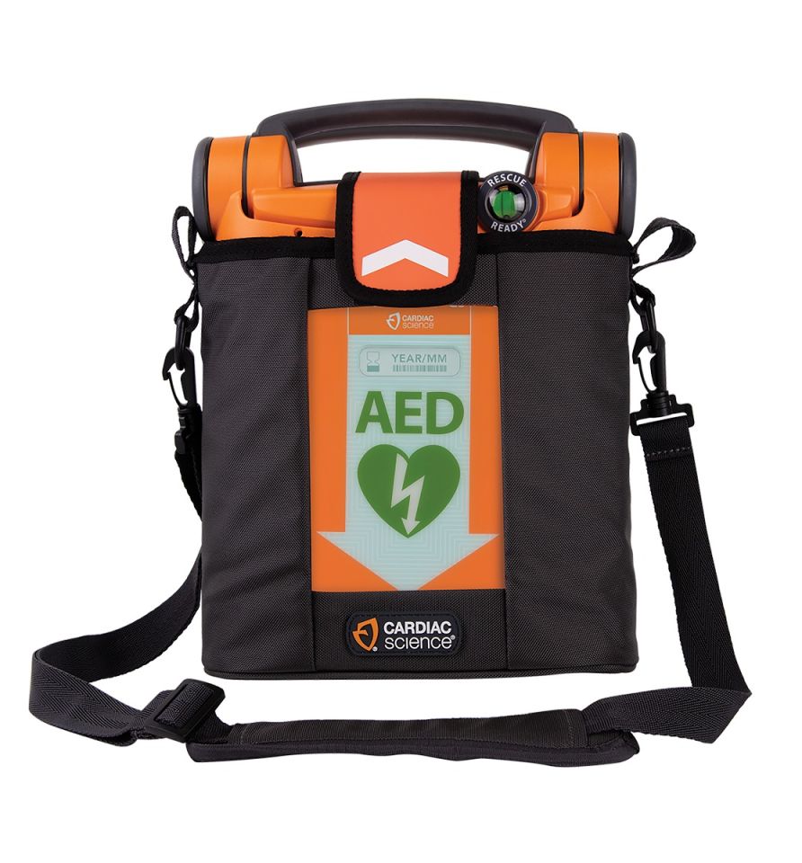Orange Cardiac Science Powerheart G5 defibrillator in grey, soft carry sleeve with carrying strap.