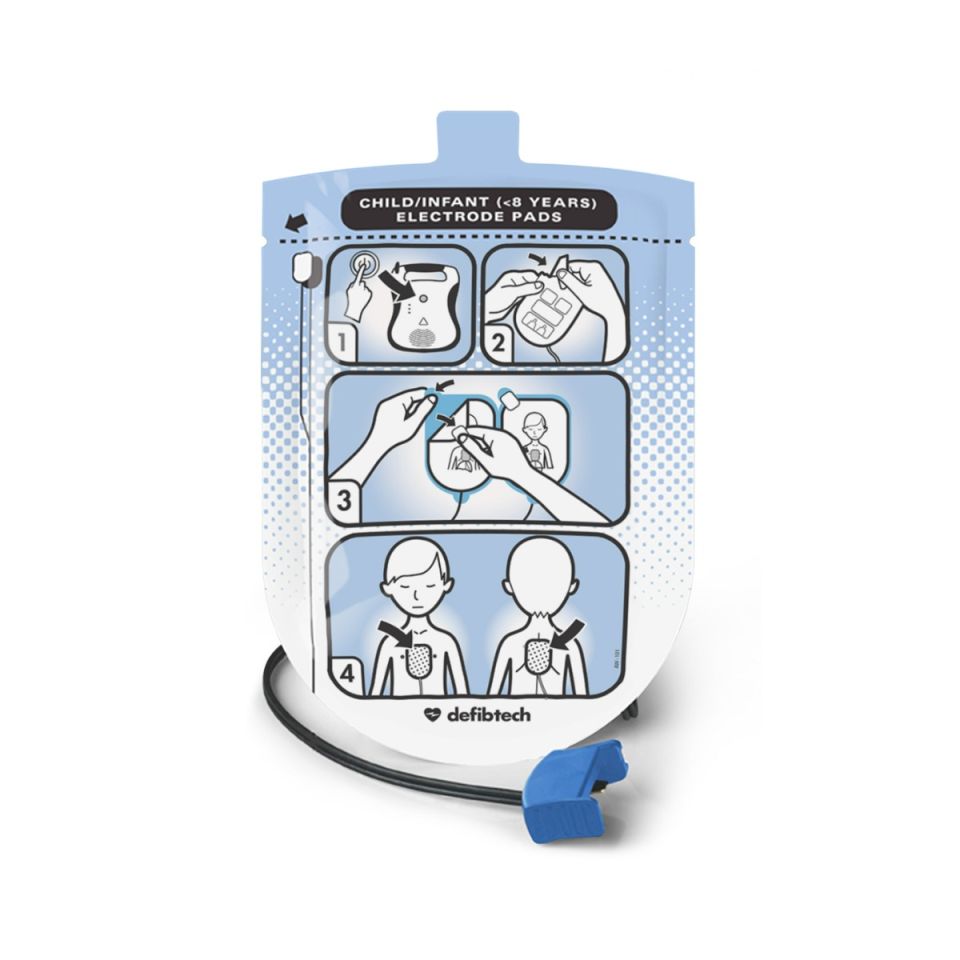 Image of the Defibtech Lifeline AED Paediatric Defibrillator Pads.
The image is of the external packaging of the pads, which shows graphic instructions on how to use the pads on a child patient. Remove the pads from the packaging, unpeal from the backing