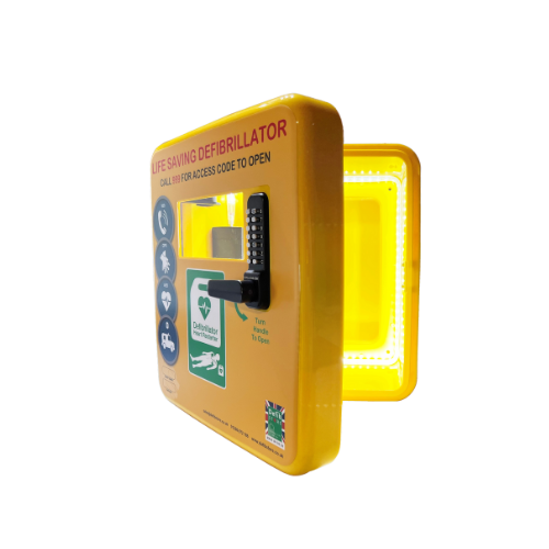 Yellow Defibrillator Cabinet - Open Door with Permanent Internal Light showing