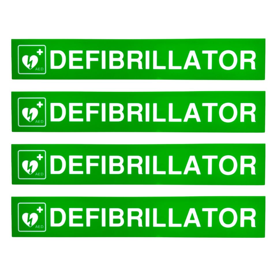 Set of four polycarbonate signs, in green, with the word 'Defibrillator' written on them, to be used on a telephone box to display that a defibrillator is kept inside.