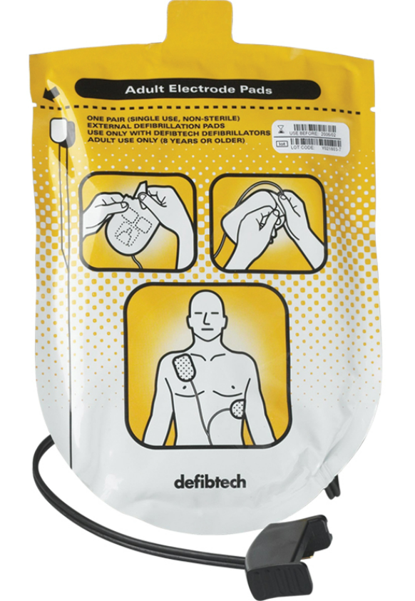 Defibtech Lifeline AED Adult Electrode Pads in yellow packaging with opening instructions and pad placement on adult patient