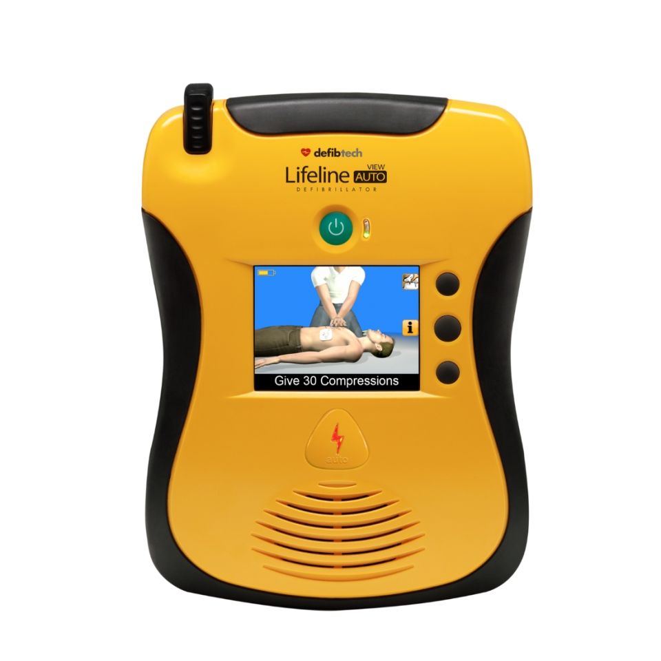 Defibtech Lifeline View AED Fully Automatic Defibrillator - A Yellow defibrillator with black rubber accents to protect the device from rough use. The defibrillator has a full colour LED screen to give visual feedback to the rescuer.