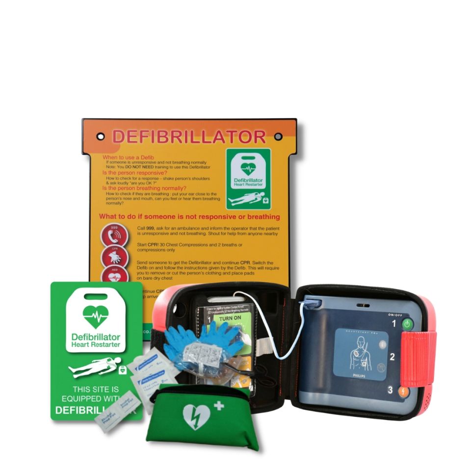 Philips FRx Semi-Automatic Defibrillator next to Defib Store Universal Indoor Defibrillator Wall Hanger, Rescue Ready Kit, Indoor Wall Sign and Philips FRx Defibrillator Carry Case 