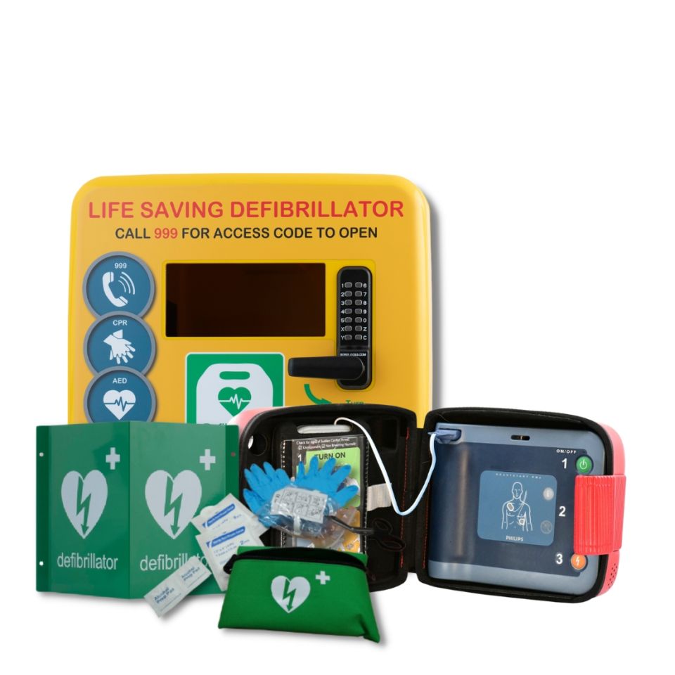 Philips FRx Semi-Automatic Defibrillator next to Yellow, Defib Store 4000 Locked Outdoor Defibrillator Cabinet next to 3D Metal Outdoor Defibrillator Wall Sign and Defib Store Rescue ready Kit