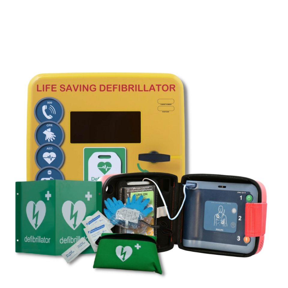 Philips FRx Semi-Automatic Defibrillator next to Yellow, Defib Store 4000 Unlocked Outdoor Defibrillator Cabinet next to 3D Metal Outdoor Defibrillator Wall Sign and Defib Store Rescue ready Kit