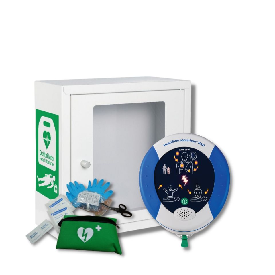 Defib Store Universal Defibrillator Wall Hanger with chain of survival and defibrillator graphics next to Heartsine Samaritan 350P Defibrillator alongside the indoor defibrillator wall sign and rescue ready kit