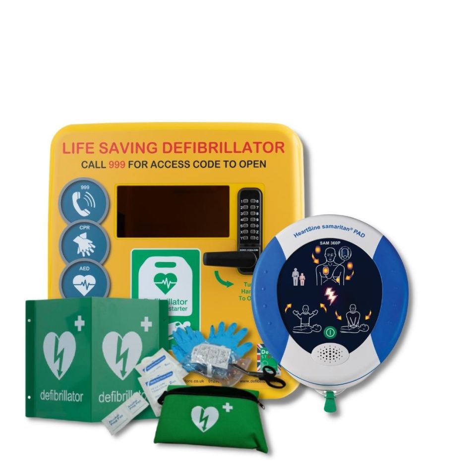 Yellow Defib Store Locked, Outdoor defibrillator cabinet next to Heartsine Samaritan PAD 350P defibrillator in carry case and 3D outdoor Defibrillator wall sign and Defib Store Rescue Ready Kit.