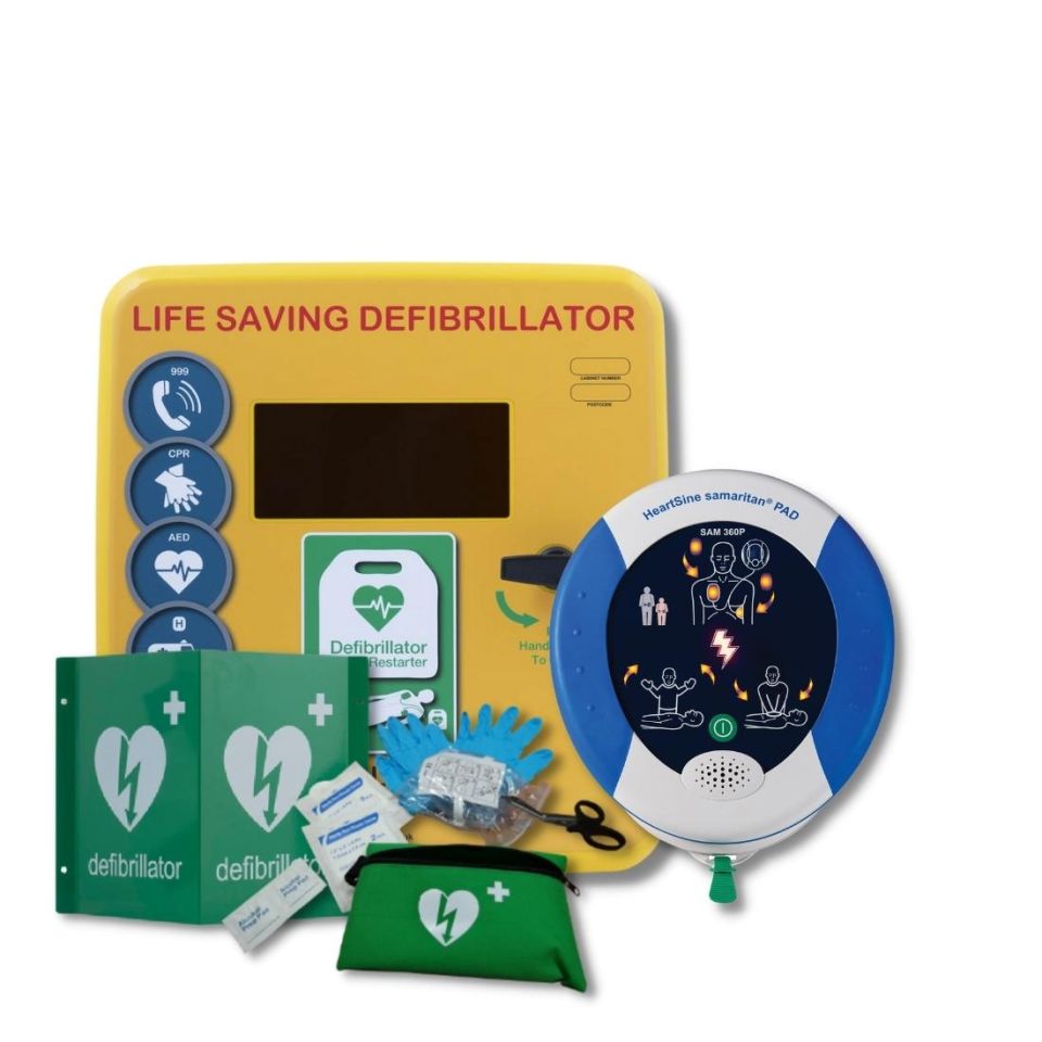 Yellow Defib Store Unlocked, Outdoor defibrillator cabinet next to Heartsine Samaritan PAD 350P defibrillator in carry case and 3D outdoor Defibrillator wall sign and Defib Store Rescue Ready Kit.
