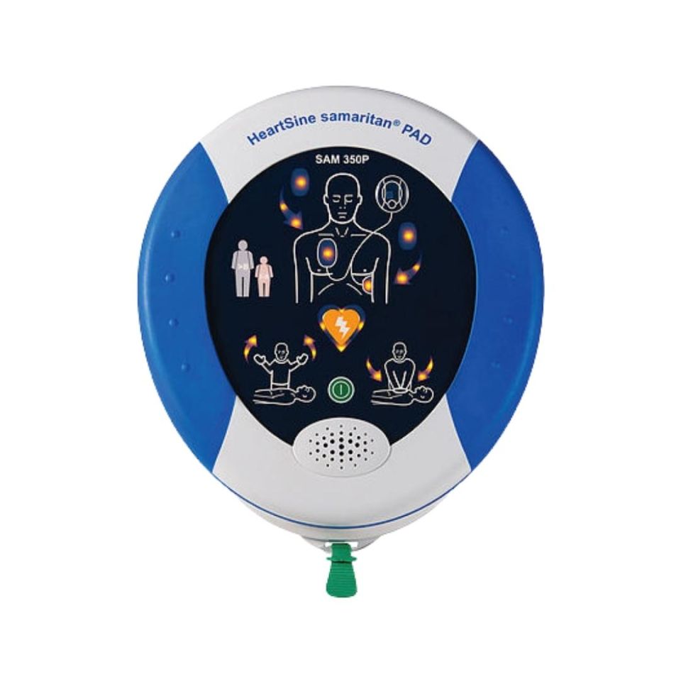 Front face of the Heartsine Samaritan 350P defibrillator showing pad placement and CPR instruction graphics