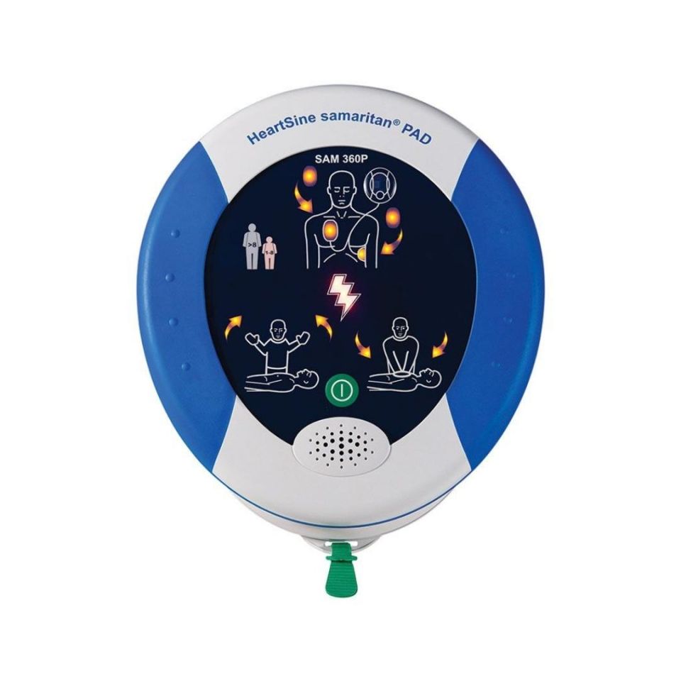 Front face of the Heartsine Samaritan 360P defibrillator showing pad placement and CPR instruction graphics