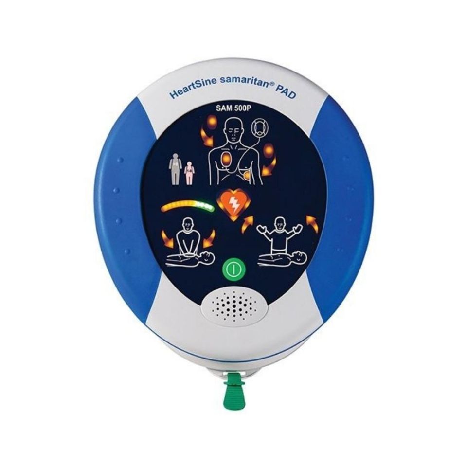 Front face of the Heartsine Samaritan 500P defibrillator showing pad placement and CPR instruction graphics