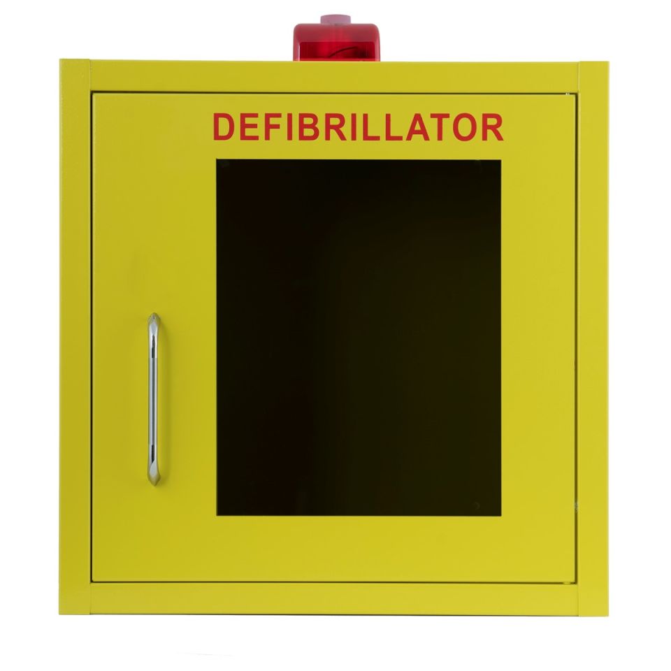Yellow metal square defibrillator cabinet with red strobe light on top, chrome handle and large viewing window