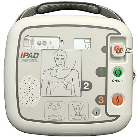 White C U Medical iPAD SP1 defibrillator showing pad placement on adult patient with push to shock button