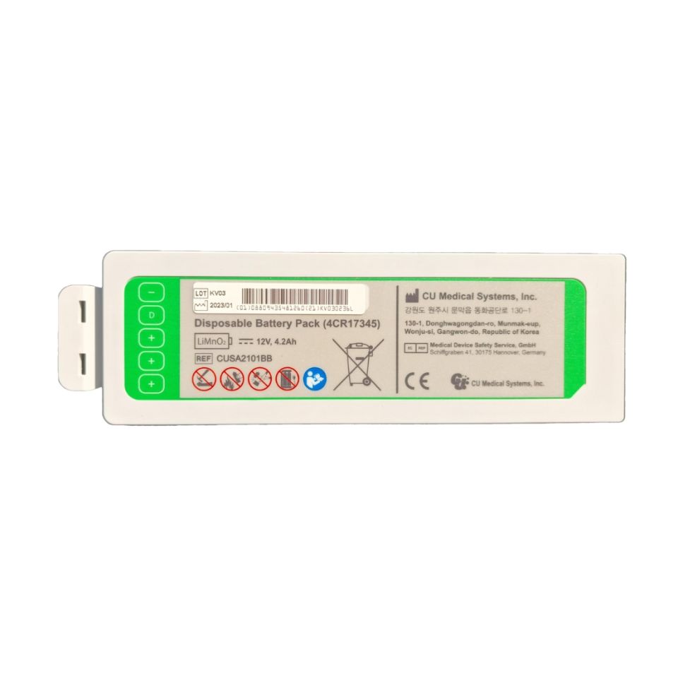 IPAD NFK200 Defibrillator Battery - A white, rectangular battery with a quick release tab and green product label.