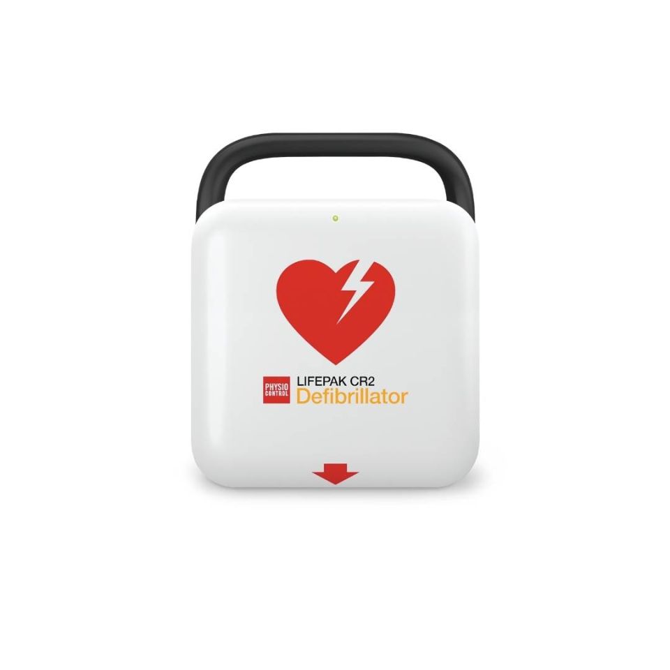 White Lifepak CR2 defibrillator with Black carry handle and red defibrillator universal heart logo