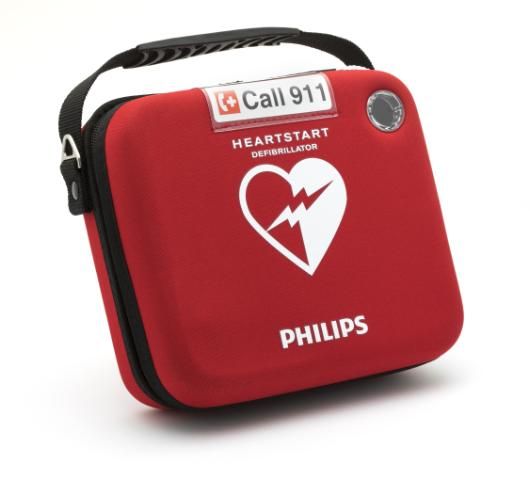 Philips Heartstart HS1 Semi-Automatic Defibrillator Red Carry Case with Philips logo on the front with clear defibrillator inspection window