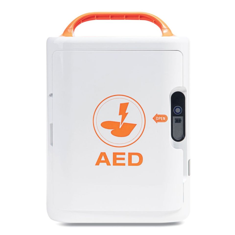 Mediana HeartOn A16 semi-automatic defibrillator front view showing orange and white device with closed protective cover and visible status indicator