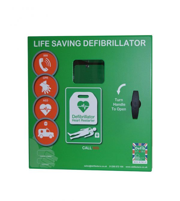 Green, stainless steel defibrillator cabinet with simple turn handle and viewing window by Defib Store
