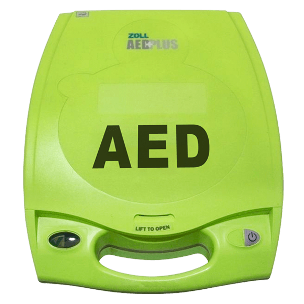 A green ZOLL AED Plus defibrillator with AED on the front