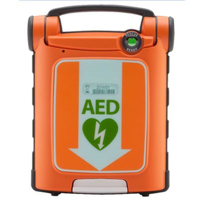 Orange Cardiac Science Powerheart G5 defibrillator front face with AED on the front