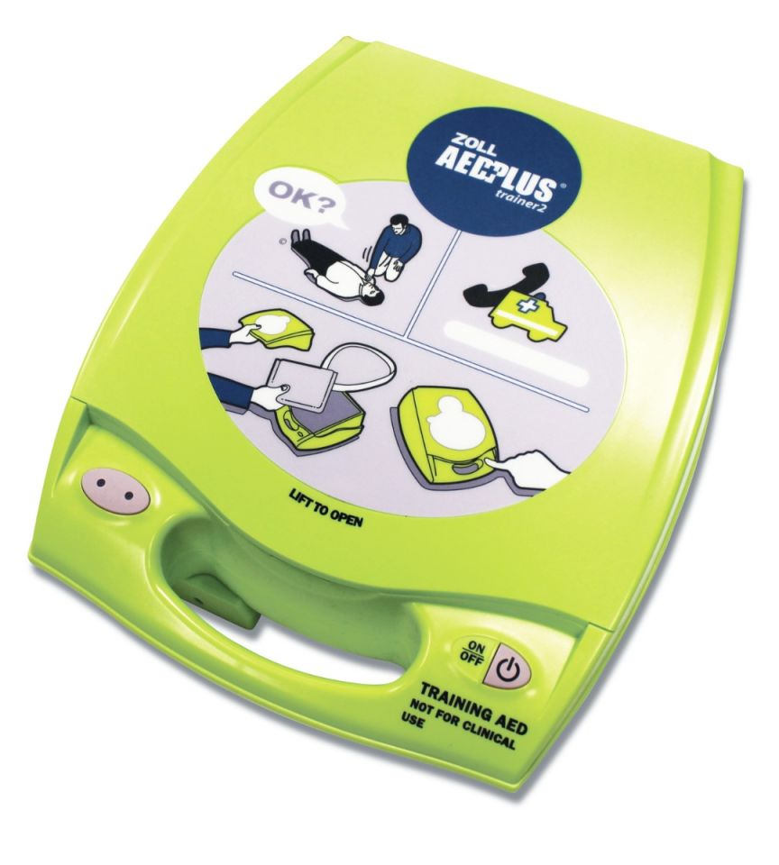 ZOLL AED Plus Trainer 2 Training Defibrillator - In lime green with chain of survival on the front.