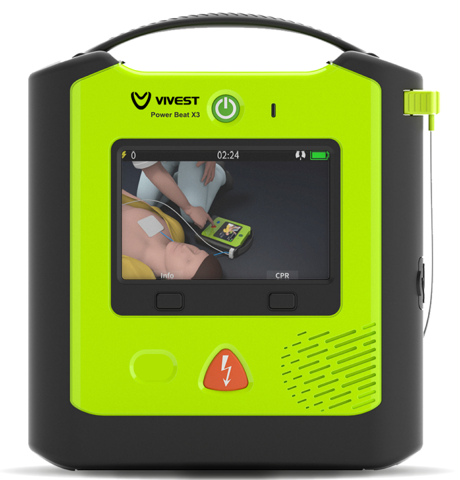 ViVest Power Beat X3 Semi-Automatic Defibrillator with visual indicator lights and easy-to-use interface for emergency response.