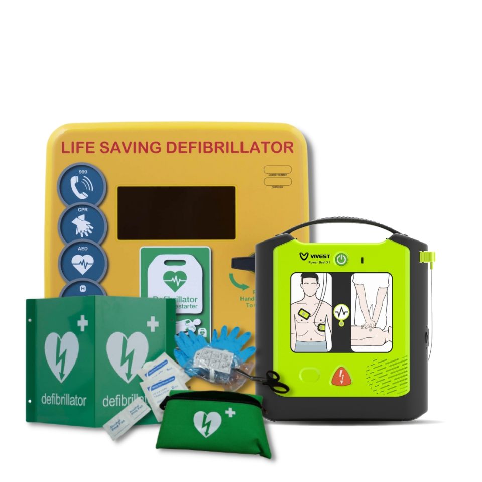Defib Store 4000 Unlocked Defibrillator Cabinet alongside ViVest Power Beat X1 Semi-Automatic Defibrillator, a 3D Defibrillator wall sign and a rescue ready kit with nitrile gloves, tough cut scissors and accessories to help with sudden cardiac arrest