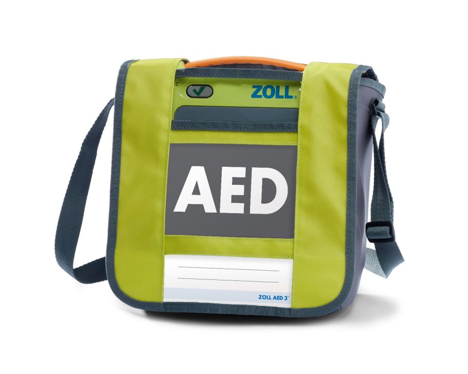 ZOLL AED 3 Defibrillator inside the Soft Case with adjustable shoulder strap, clear viewing window to check device readiness, and access cut-out for defibrillator carry handle.