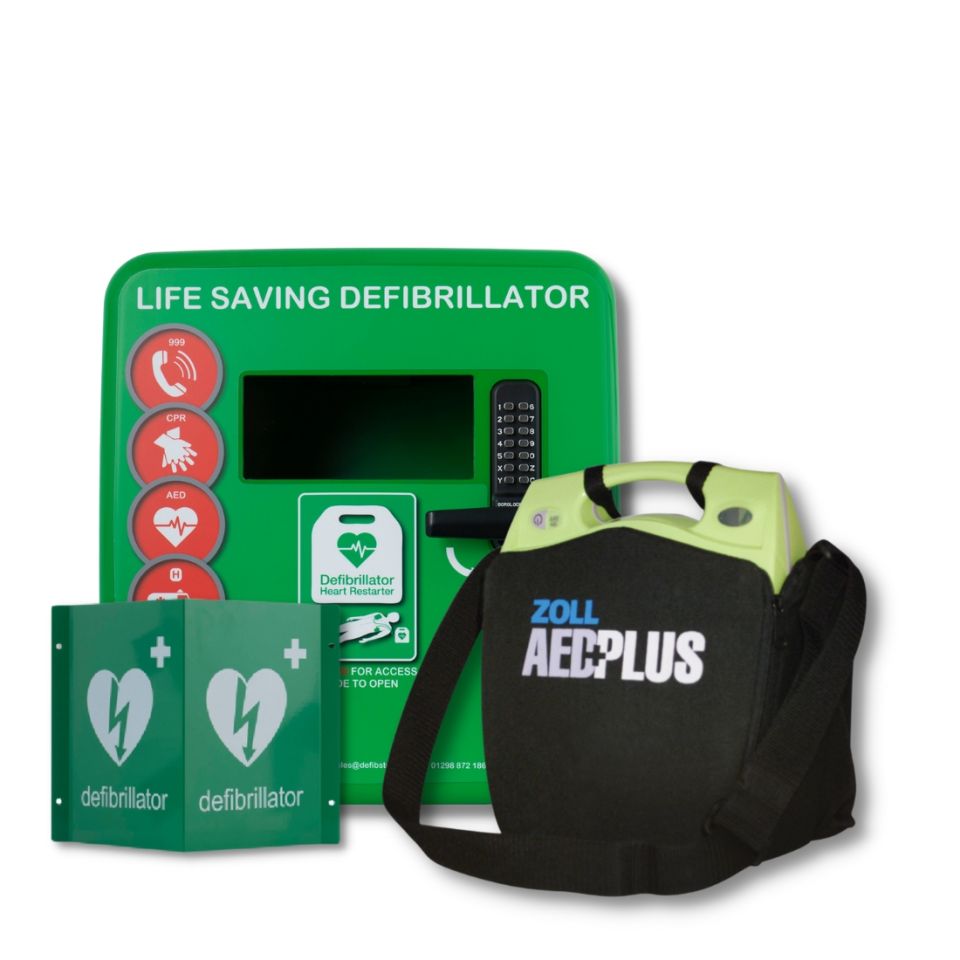 Green ZOLL AED Plus Fully Automatic Defibrillator next to Defib Store 4000 Green Locked Defibrillator Cabinet next to Defib Store 3D metal defibrillator wall sign with ZOLL AED Plus Soft Carry Case in black, with 'ZOLL AED Plus' written on the front