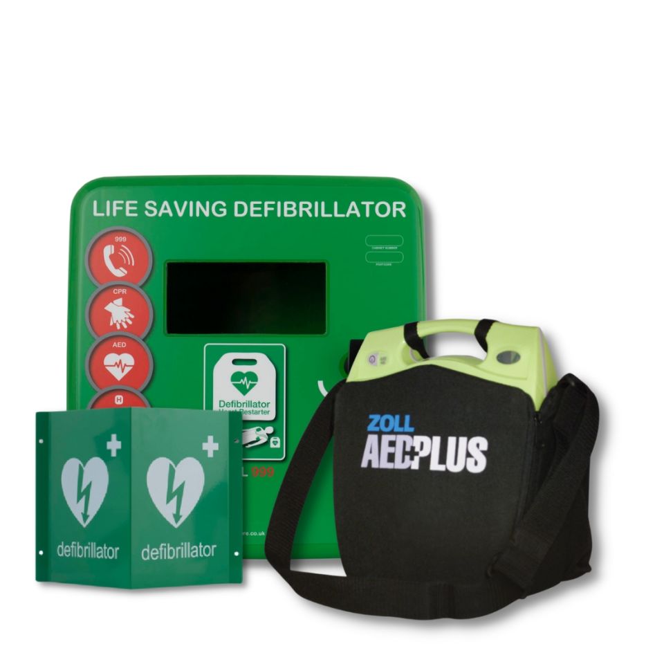 Green Defib Store 4000 unlocked defibrillator cabinet next to the ZOLL AED Plus defibrillator, 3D defibrillator wall sign and Defib Store rescue ready kit.