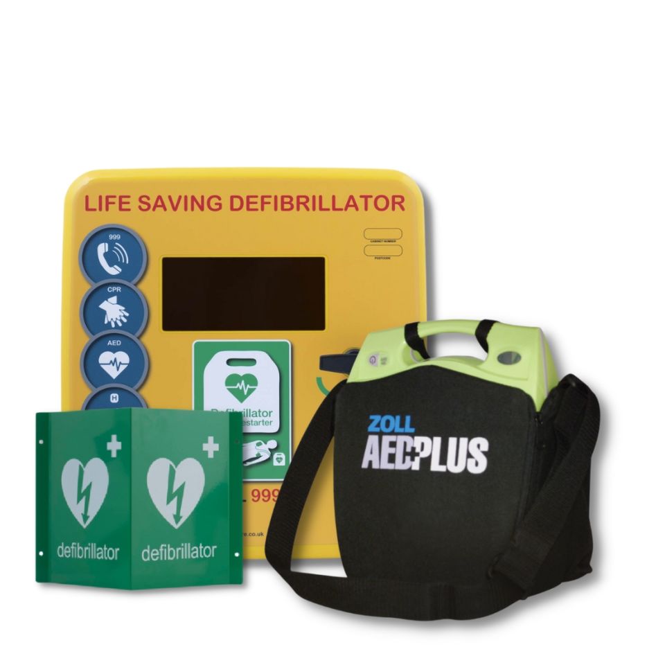 Defib Store Yellow Unlocked Defibrillator cabinet with inspection window next to Lime Green ZOLL AED Plus defibrillator, 3D Metal Defibrillator wall sign and Defib Store Rescue Ready Kit ZOLL AED Plus Soft Carry Case in black, with 'ZOLL AED Plus' written