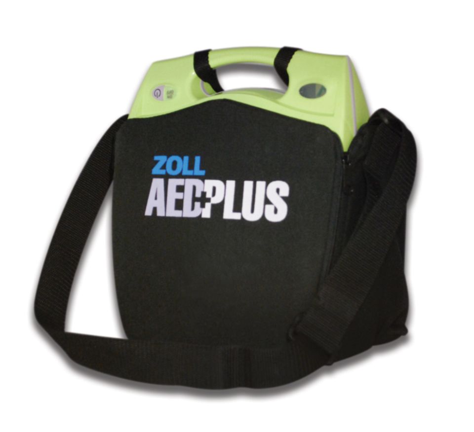 ZOLL AED Plus defibrillator carry case - A black, fabric bag with the wording 'ZOLL AED Plus' written on the front. It has a shoulder strap and the top of the AED is visible along with the tick mark showing the rescue-readiness of the device