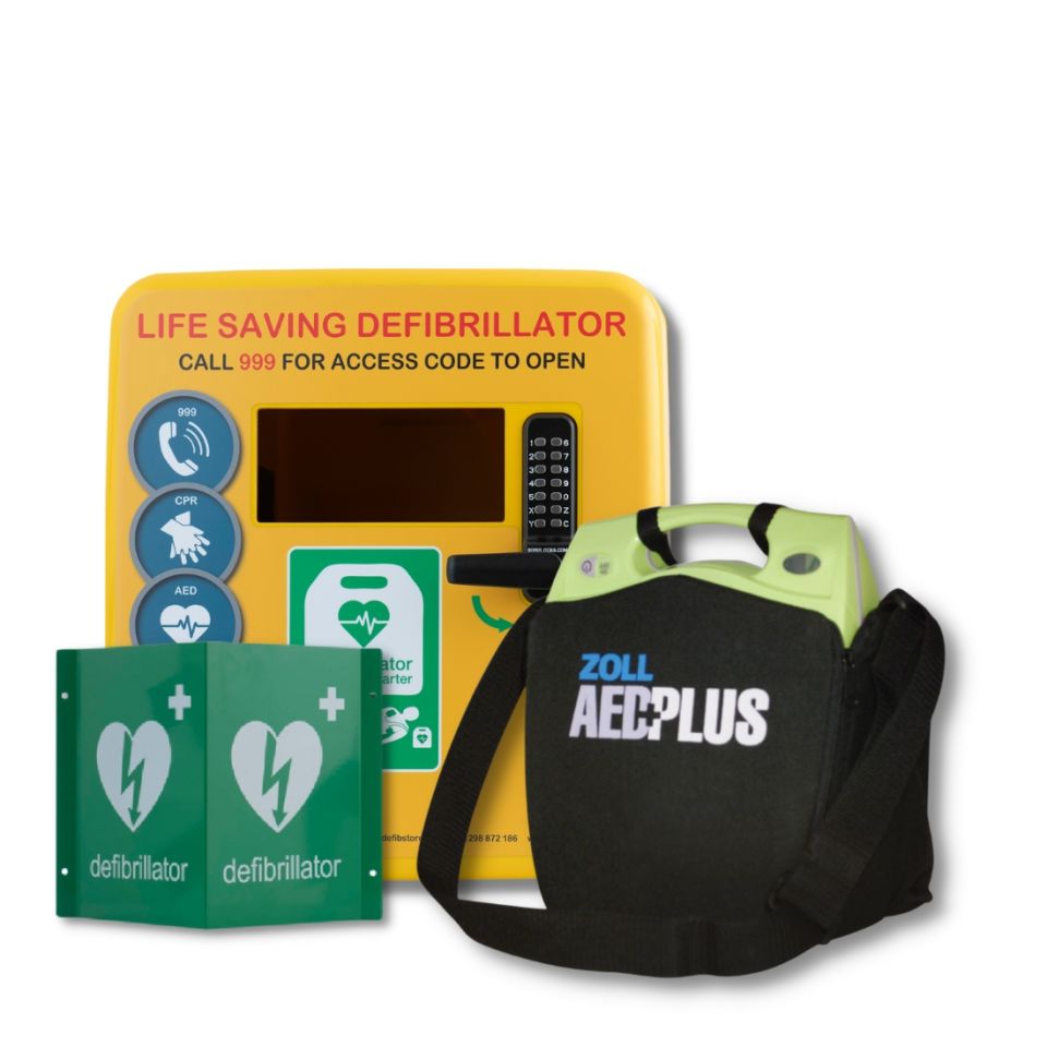 Yellow ZOLL AED Plus Defibrillator next to Defib Store 4000 Yellow Locked Defibrillator Cabinet next to 3D metal defibrillator wall sign  with ZOLL AED Plus Soft Carry Case in black, with 'ZOLL AED Plus' written on the front and a carry 