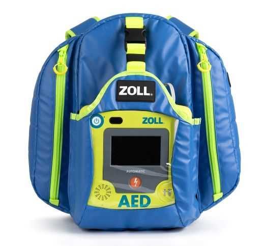 ZOLL AED Defibrillator Rescue Backpack in Electric Blue with Lime Green Accents and zippers, with clear inspection window to check on rescue-readiness of the defibrillator inside.